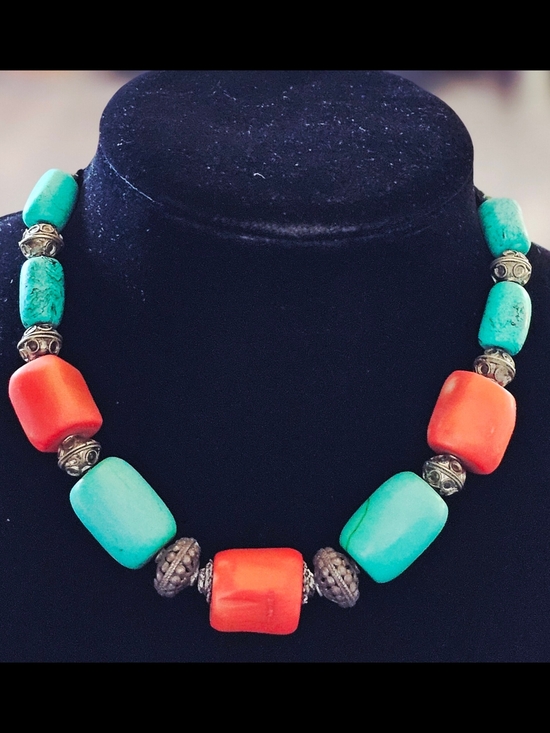Brand Unknown Jewelry - Vintage Tibetan Style Necklace – Dyed Coral & Turquoise Barrel Beads